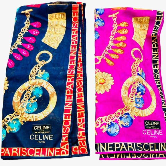 2 New Large Celine Paris Handker/Mini Scarf 20"Cotton Pink Black Gold Chain(51 - Picture 3 of 16